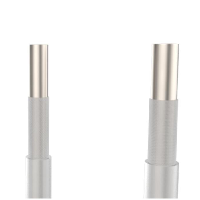 Close-up of two coated orthodontic archwire tips showing cross-sectional finish