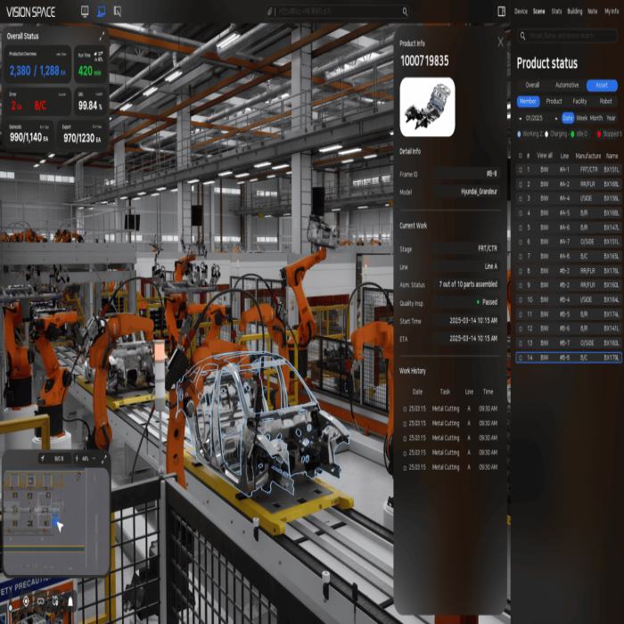 A real-time visualization of robotic tasks and work history tracking in a digital twin environment.