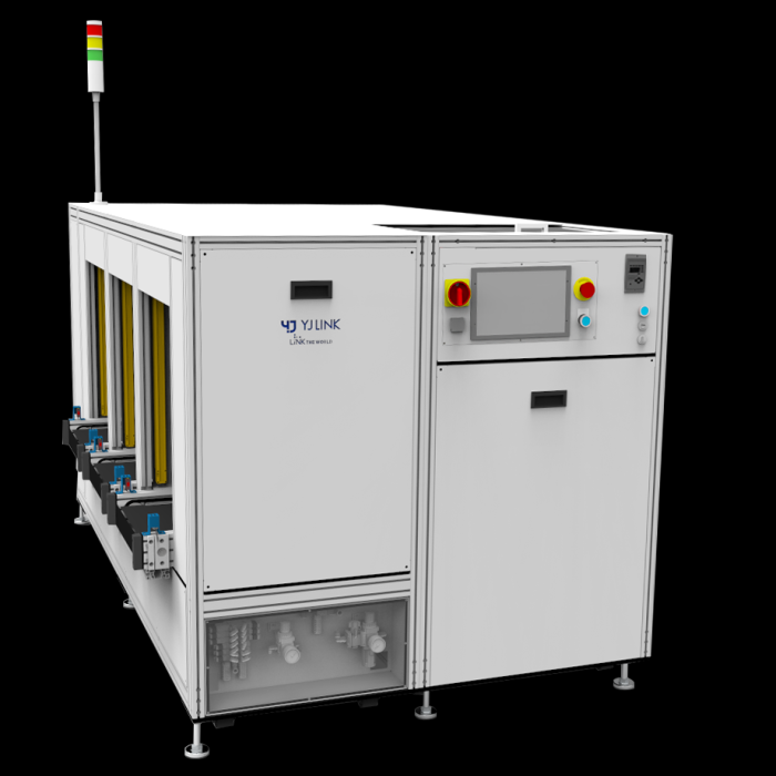 Located at the first stage of SMT line, this unit consists of a coupling of a single shuttle and a rack part then transfers PCBs stacked in a magazine rack to the downstream machine using a puller mounted on the single shuttle one by one. The rack part interlocks with AGV to supply magazine racks.
