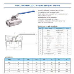 Stainless steel 2-piece threaded ball valve with blue handle and compact design, rated 6000WOG for high-pressure applications.