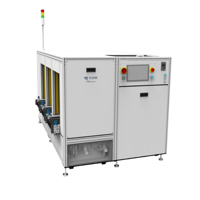 Located at the first stage of SMT line, this unit consists of a coupling of a single shuttle and a rack part then transfers PCBs stacked in a magazine rack to the downstream machine using a puller mounted on the single shuttle one by one. The rack part interlocks with AGV to supply magazine racks.