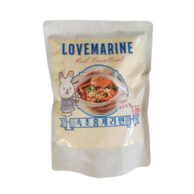This is the Lovemarine Red Snow Crab Ramen Meal Kit, featuring a whole premium Sokcho red crab in a quick and easy frozen pack. Just boil and enjoy an authentic seafood ramen experience at home.