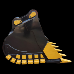 Side view of a heavy-duty excavator bucket with reinforced teeth and side cutter