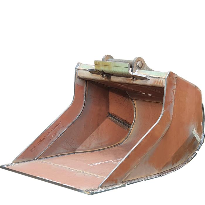 Raw steel QS60 grading bucket shown from front angle without paint, highlighting the uncoated surface and welding details