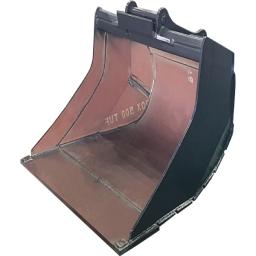 Interior view of unpainted grading bucket from front angle, showing raw steel surface, internal welds, and structural curves