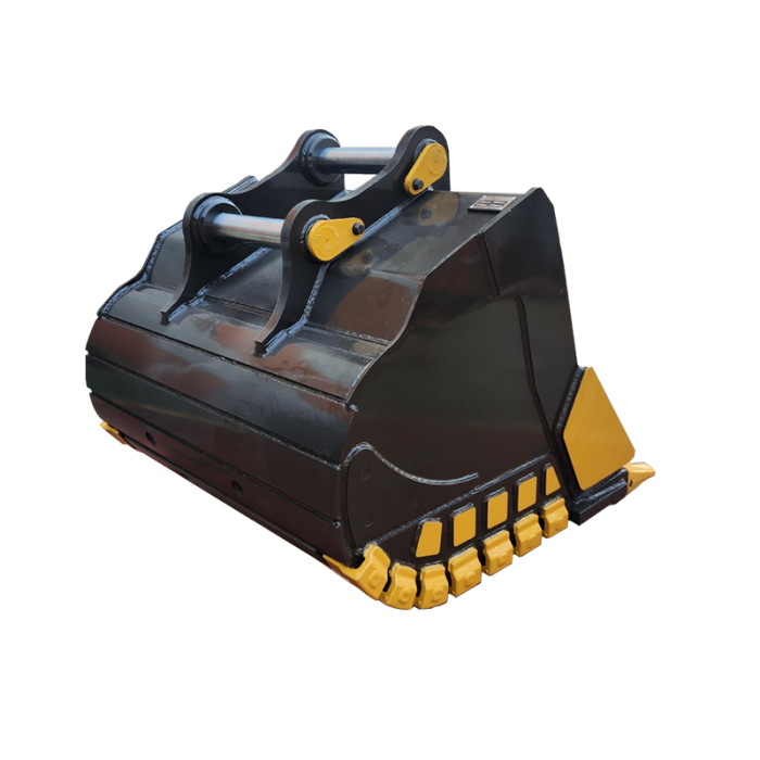 Rear angled view of a 32-ton excavator bucket showing double pin mounting bracket and reinforced side structure