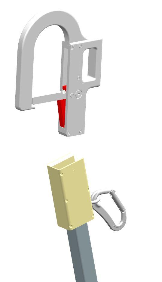 The illustration shows the structural diagram of the ZeroDrop SafeHook, a fall-prevention device. The upper part consists of the header hook unit equipped with a stopper and an automatic locking mechanism. The lower part contains the insertion housing connected to the telescopic pole, with a carabiner and lifeline attached to the worker’s safety harness. This design enables workers to secure safety hooks to anchor points at a distance of up to 5 meters, preventing falls during high-altitude operations.