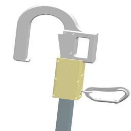 The illustration shows the structural diagram of the ZeroDrop SafeHook, a fall-prevention device. The upper part consists of the header hook unit equipped with a stopper and an automatic locking mechanism. The lower part contains the insertion housing connected to the telescopic pole, with a carabiner and lifeline attached to the worker’s safety harness. This design enables workers to secure safety hooks to anchor points at a distance of up to 5 meters, preventing falls during high-altitude operations.