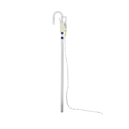 The photo shows the ZeroDrop SafeHook, a fall-prevention safety device. At the top is the header unit with an automatic locking mechanism and a stopper with a contrasting color for easy visual confirmation of secure attachment. The main body is made of three-section aluminum pole, reinforced with anodized surface treatment for durability and corrosion resistance. A safety rope (lifeline) is connected to the header and designed to be attached to the worker’s safety harness, ensuring safe operation during high-altitude tasks.