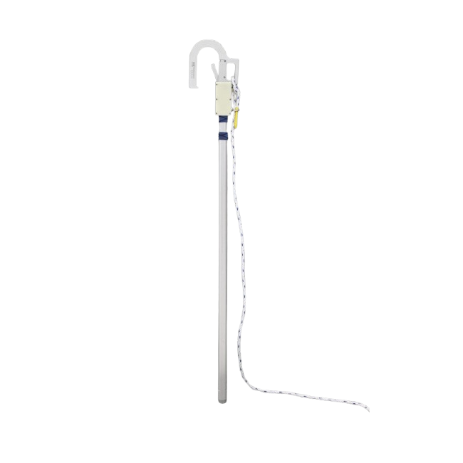 The photo shows the ZeroDrop SafeHook, a fall-prevention safety device. At the top is the header unit with an automatic locking mechanism and a stopper with a contrasting color for easy visual confirmation of secure attachment. The main body is made of three-section aluminum pole, reinforced with anodized surface treatment for durability and corrosion resistance. A safety rope (lifeline) is connected to the header and designed to be attached to the worker’s safety harness, ensuring safe operation during high-altitude tasks.