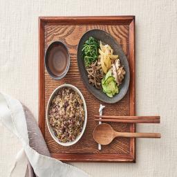 korean meal on a wooden tray
