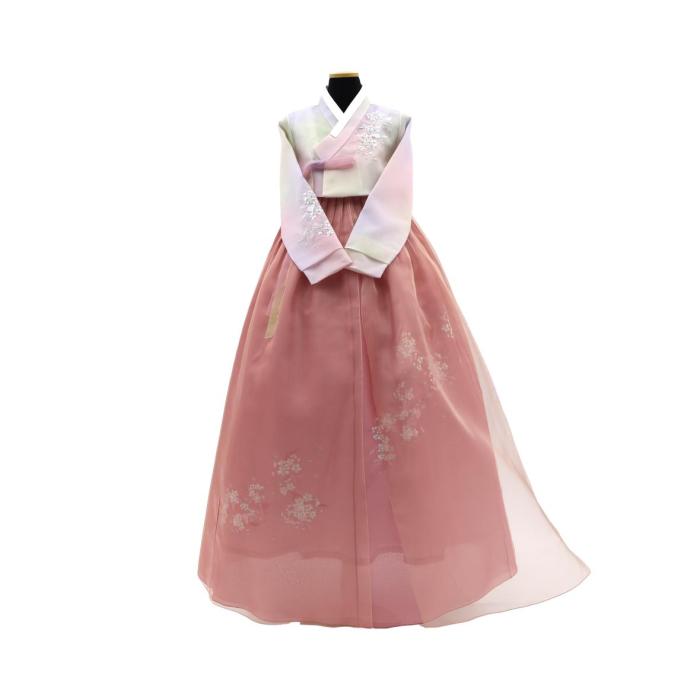 Cornelian Cherry Blossom 3D Embroidery Hanbok–Multi-Colored Jeogori &Layered Apricot Chima