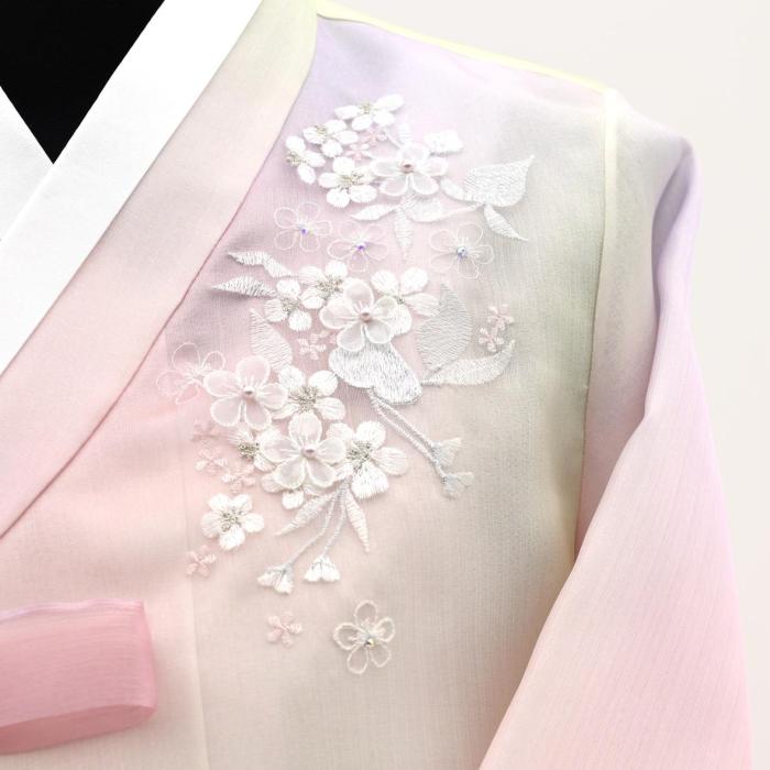 Cornelian Cherry Blossom 3D Embroidery Hanbok–Multi-Colored Jeogori &Layered Apricot Chima