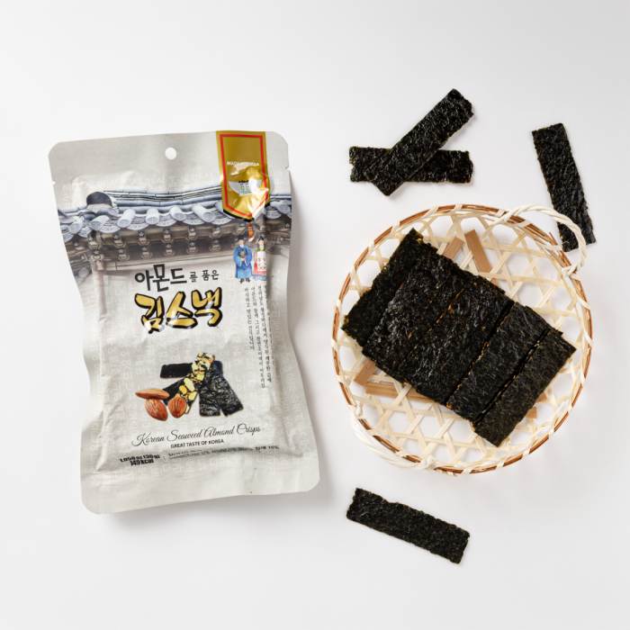 a package and a plate of dried seaweed snacks