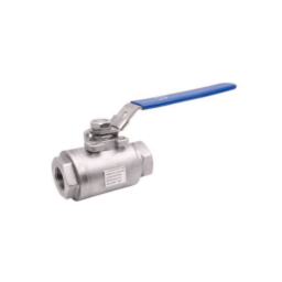 Stainless steel 2-piece threaded ball valve with blue handle and compact design, rated 6000WOG for high-pressure applications.