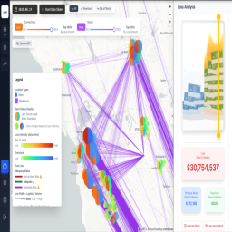 This image shows map-based visualization, displaying stores and warehouses with color-coded indicators for out-of-stock and overstock status. By detecting operational bottlenecks, it predicts potential losses.