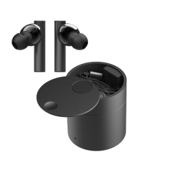 HealingFit TWS uses a vertical docking structure inside its cylindrical charging case, ensuring stable alignment and precise charging contact. Above the docking area, a dedicated compartment allows the TES cable to be stored separately for convenient access and organization. The case’s matte finish and structural precision reflect the quality expected from a premium audio and wellness device.