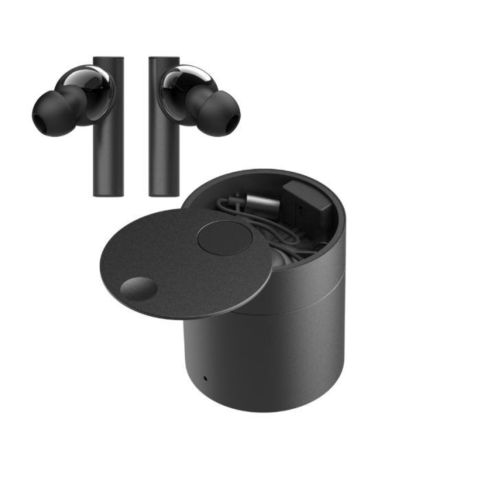 HealingFit TWS uses a vertical docking structure inside its cylindrical charging case, ensuring stable alignment and precise charging contact. Above the docking area, a dedicated compartment allows the TES cable to be stored separately for convenient access and organization. The case’s matte finish and structural precision reflect the quality expected from a premium audio and wellness device.