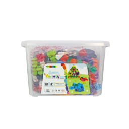 a plastic storage box filled with a wide variety of colorful toys