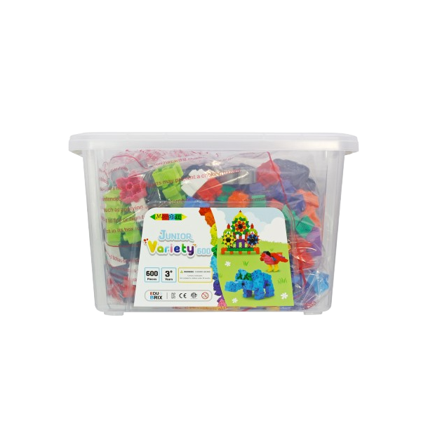 a plastic storage box filled with a wide variety of colorful toys