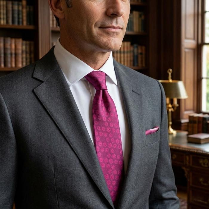 pink silk tie with a floral design and a purple silk tie with a floral pattern
