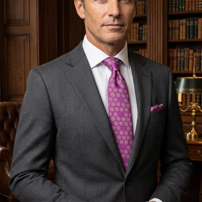 pink silk tie with a floral design and a purple silk tie with a floral pattern