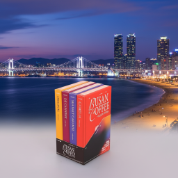 A boxed set of Busan Coffee featuring four flavor varieties in colorful book-style packaging. The product is presented against a scenic nighttime Busan city and bridge backdrop.