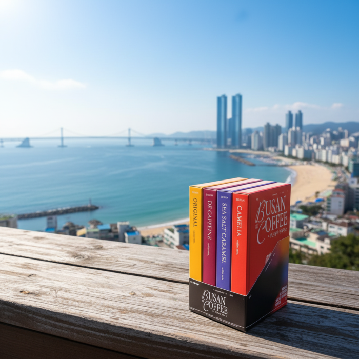 A boxed set of Busan Coffee featuring four flavor varieties in colorful book-style packaging. The product is presented against a scenic nighttime Busan city and bridge backdrop.