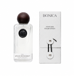 A refined perfume room spray from BONICA is presented as a clean, modern home fragrance product with a minimalist luxury feel. The bottle is a clear, softly rounded rectangular glass form topped with a smooth dark spherical cap, giving it a sculptural, artisanal look, while the black circular emblem on the front adds a subtle branded accent. The paired packaging box is light gray with understated typography, reading