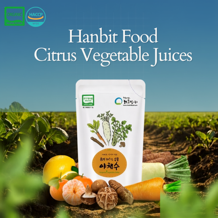 Close-up of the Haneulbit Organic Citrus Vegetable Broth pouch design, featuring the product name and a vegetable field background image.