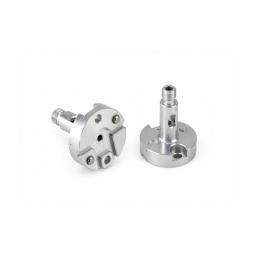 A precision-machined aluminum metal component with a compact cylindrical base and a raised threaded shaft, presented like an industrial hardware part. Its brushed silver finish, clean cutouts, and smooth turned surfaces emphasize engineering accuracy and durability. The visible holes, slots, and layered geometry suggest a functional mounting or connector piece made for exact fit and performance, appealing to technical buyers who value reliability and craftsmanship.