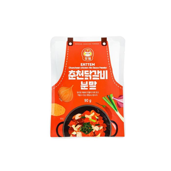 A vibrant Korean cooking powder pouch for Chuncheon chicken ribs sauce, presented in a flexible stand-up package with a clear white outer frame and a bold red front panel. The design feels energetic and appetizing, with sharp white lettering, a playful logo, and illustrated ingredients and a prepared dish that signal spicy, savory flavor. The 90 g size is prominently shown, and the overall look is clean, modern, and food-forward, appealing to shoppers looking for convenient Korean-style cooking flavors.