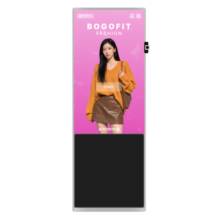 BOGOFIT Kiosk is an AI-powered virtual fitting solution that allows users to capture their image, analyze body measurements, select fashion items, and instantly experience virtual try-on results. It provides an interactive smart mirror experience for fashion stores, showrooms, exhibitions, and retail environments.